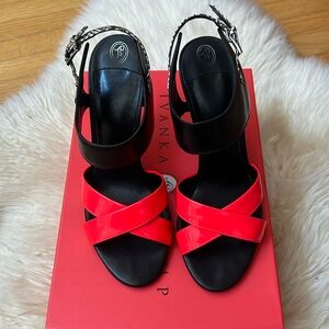 Pre-loved heeled sandal with pink accent and black & white patterned heel